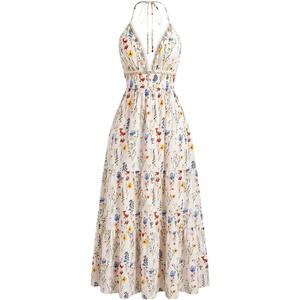 image:imageFloerns Womens Plus Size Halter Maxi Dress Sleeveless Tiered Ruffle Flowy Summer Spring Beach Vacation DressesApricot Blue Floral