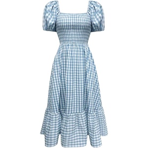 image:imageFloerns Womens Polka Dots Short Puff Sleeve Dress Square Neck Ruffle Summer Maxi DressesBlue and White