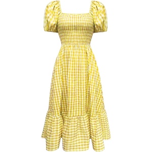 image:imageFloerns Womens Polka Dots Short Puff Sleeve Dress Square Neck Ruffle Summer Maxi DressesYellow