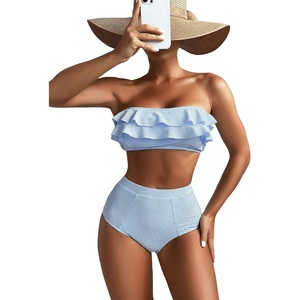 image:imageFloerns Womens Ruffle Trim Bandeau High Waist Striped Print 2 Piece Bikini SetBlue and White