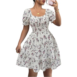 image:imageFloerns Womens Summer Floral Print Square Neck Puff Short Sleeve Dress Cute Ruffle Layered A Line Short DressWhite and Pink