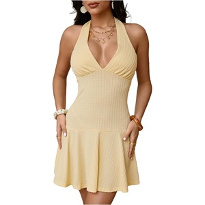 image:imageFloerns Womens Summer Halter Dress Sleeveless Deep V Neck Ruffle Hem Beach A Line Mini DressYellow