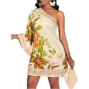 image:imageFloerns Womens Tropical One Shoulder Tunic Dress Dolman Sleeve Beach Vacation Summer DressesApricot Green Floral
