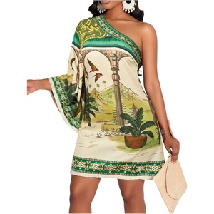 image:imageFloerns Womens Tropical One Shoulder Tunic Dress Dolman Sleeve Beach Vacation Summer DressesCream Green Tropical