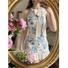 image:imageFloerns Womens Cute Bowknot Halter Dress Pearl Beaded Ruffle Hem Party Mini DressesBlue and White