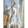 image:imageFloerns Womens Cute Bowknot Halter Dress Pearl Beaded Ruffle Hem Party Mini DressesBlue and White