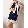 image:imageFloerns Womens Cute Bowknot Halter Dress Pearl Beaded Ruffle Hem Party Mini DressesDark Blue
