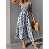 image:imageFloerns Womens Floral Print Tie Strap Square Neck Ruffle Boho Maxi DressBlue White