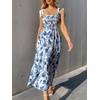 image:imageFloerns Womens Floral Print Tie Strap Square Neck Ruffle Boho Maxi DressBlue White