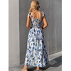 image:imageFloerns Womens Floral Print Tie Strap Square Neck Ruffle Boho Maxi DressBlue White