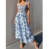 image:imageFloerns Womens Floral Print Tie Strap Square Neck Ruffle Boho Maxi DressBlue White