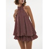 image:imageFloerns Womens Gingham Halter Mini Dress Y2k Tie Open Back Sleeveless Ruffle Hem Going Out DressesBurgundy