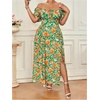 image:imageFloerns Womens Plus Size Floral Print Tie Front Square Neck Slit Hem Midi DressGreen Orange Multi