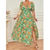 image:imageFloerns Womens Plus Size Floral Print Tie Front Square Neck Slit Hem Midi DressGreen Orange Multi