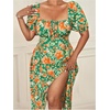image:imageFloerns Womens Plus Size Floral Print Tie Front Square Neck Slit Hem Midi DressGreen Orange Multi