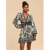 image:imageFloerns Womens Tropical Bishop Sleeve Mini Dress Cut Out Tie Back V Neck Beach A Line DressesDark Black