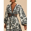 image:imageFloerns Womens Tropical Bishop Sleeve Mini Dress Cut Out Tie Back V Neck Beach A Line DressesDark Black