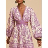 image:imageFloerns Womens Tropical Bishop Sleeve Mini Dress Cut Out Tie Back V Neck Beach A Line DressesLilac Purple