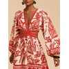 image:imageFloerns Womens Tropical Bishop Sleeve Mini Dress Cut Out Tie Back V Neck Beach A Line DressesRed