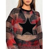 image:imageFloerns Womens Y2K See Through Sheer Mesh Long Sleeve Club Dress Star Striped Print Round Neck Night Out Mini DressRed