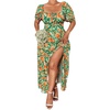 image:imageFloerns Womens Plus Size Floral Print Tie Front Square Neck Slit Hem Midi DressGreen Orange Multi