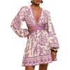 image:imageFloerns Womens Tropical Bishop Sleeve Mini Dress Cut Out Tie Back V Neck Beach A Line DressesLilac Purple