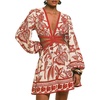image:imageFloerns Womens Tropical Bishop Sleeve Mini Dress Cut Out Tie Back V Neck Beach A Line DressesRed