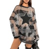 image:imageFloerns Womens Y2K See Through Sheer Mesh Long Sleeve Club Dress Star Striped Print Round Neck Night Out Mini DressMulticolor