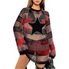 image:imageFloerns Womens Y2K See Through Sheer Mesh Long Sleeve Club Dress Star Striped Print Round Neck Night Out Mini DressRed