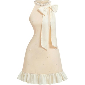 image:imageFloerns Womens Cute Bowknot Halter Dress Pearl Beaded Ruffle Hem Party Mini DressesApricot