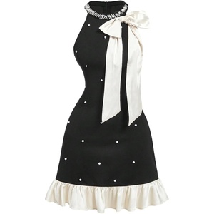 image:imageFloerns Womens Cute Bowknot Halter Dress Pearl Beaded Ruffle Hem Party Mini DressesBlack