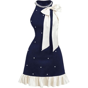 image:imageFloerns Womens Cute Bowknot Halter Dress Pearl Beaded Ruffle Hem Party Mini DressesDark Blue