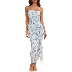 image:imageFloerns Womens Elegant Mesh Cami Dress Ruched Ruffle Side Slit Bodycon Maxi Prom DressesBlue White Floral