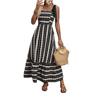 image:imageFloerns Womens Floral Print Tie Strap Square Neck Ruffle Boho Maxi DressBlack Geo