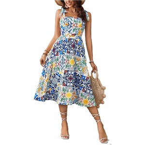 image:imageFloerns Womens Floral Print Tie Strap Square Neck Ruffle Boho Maxi DressBlue Floral