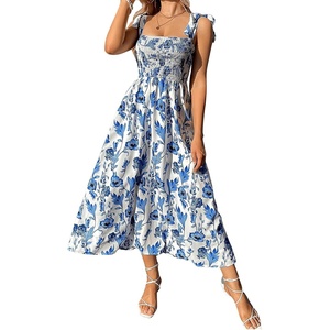 image:imageFloerns Womens Floral Print Tie Strap Square Neck Ruffle Boho Maxi DressBlue White