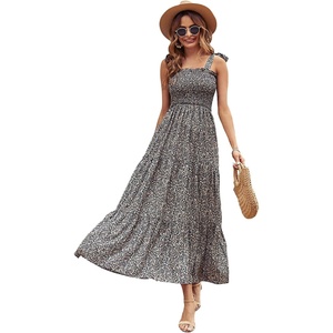image:imageFloerns Womens Floral Print Tie Strap Square Neck Ruffle Boho Maxi DressFloral Black