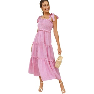 image:imageFloerns Womens Floral Print Tie Strap Square Neck Ruffle Boho Maxi DressPink