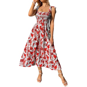 image:imageFloerns Womens Floral Print Tie Strap Square Neck Ruffle Boho Maxi DressRed