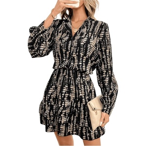 image:imageFloerns Womens Graphic Print Lantern Sleeve Button Shirt Dress Ruffle Hem Short DressBlack Multi