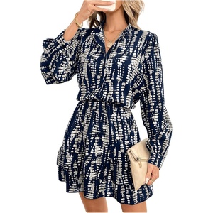 image:imageFloerns Womens Graphic Print Lantern Sleeve Button Shirt Dress Ruffle Hem Short DressDark Blue