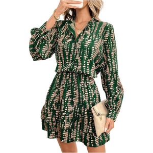 image:imageFloerns Womens Graphic Print Lantern Sleeve Button Shirt Dress Ruffle Hem Short DressGreen Multi