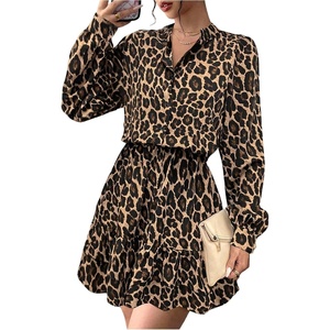 image:imageFloerns Womens Graphic Print Lantern Sleeve Button Shirt Dress Ruffle Hem Short DressKhaki Multi