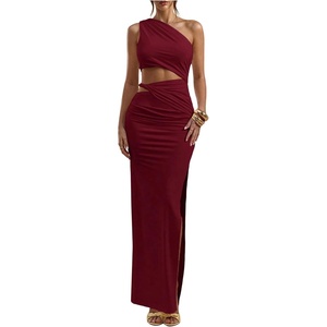image:imageFloerns Womens One Shoulder Cutout Maxi Party Dress Sleeveless Split Bodycon Wedding Guest Night Out DressesBurgundy
