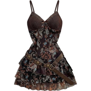 image:imageFloerns Womens Paisley Boho Dresses Lace Trim V Neck Layered Ruffle Concert Outfit Mini DressBrown