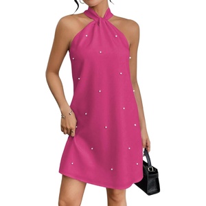 image:imageFloerns Womens Pearl Beaded Halter Twist Sleeveless Tie Back Dress A Line DressRose Pink