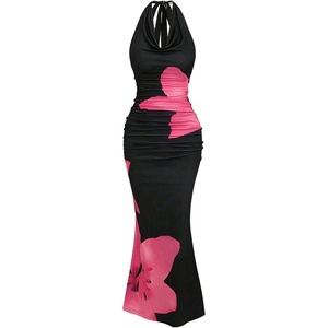 image:imageFloerns Womens Plus Size Elegant Halter Maxi Dress Draped Cowl Neck Fishtail Backless Bodycon Party Cocktail Long DressesRose Pink