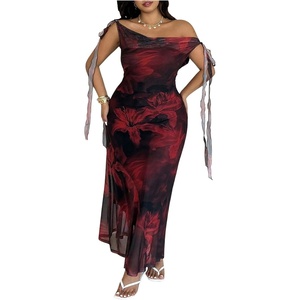 image:imageFloerns Womens Plus Size Floral Maxi Dress Tie Shoulder Cowl Neck Bodycon Wedding Guest DressesBlack and Red