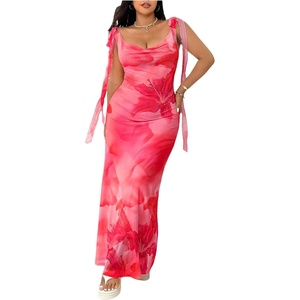 image:imageFloerns Womens Plus Size Floral Maxi Dress Tie Shoulder Cowl Neck Bodycon Wedding Guest DressesHot Pink