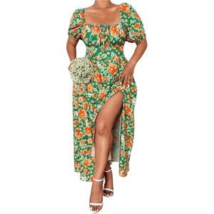 image:imageFloerns Womens Plus Size Floral Print Tie Front Square Neck Slit Hem Midi DressGreen Orange Multi